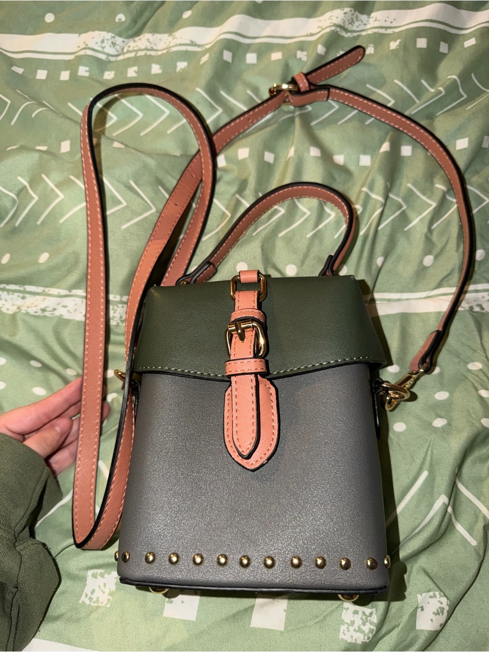 Trendy Two-Tone Olive Green, Gray & Tan Structured Crossbody Bag